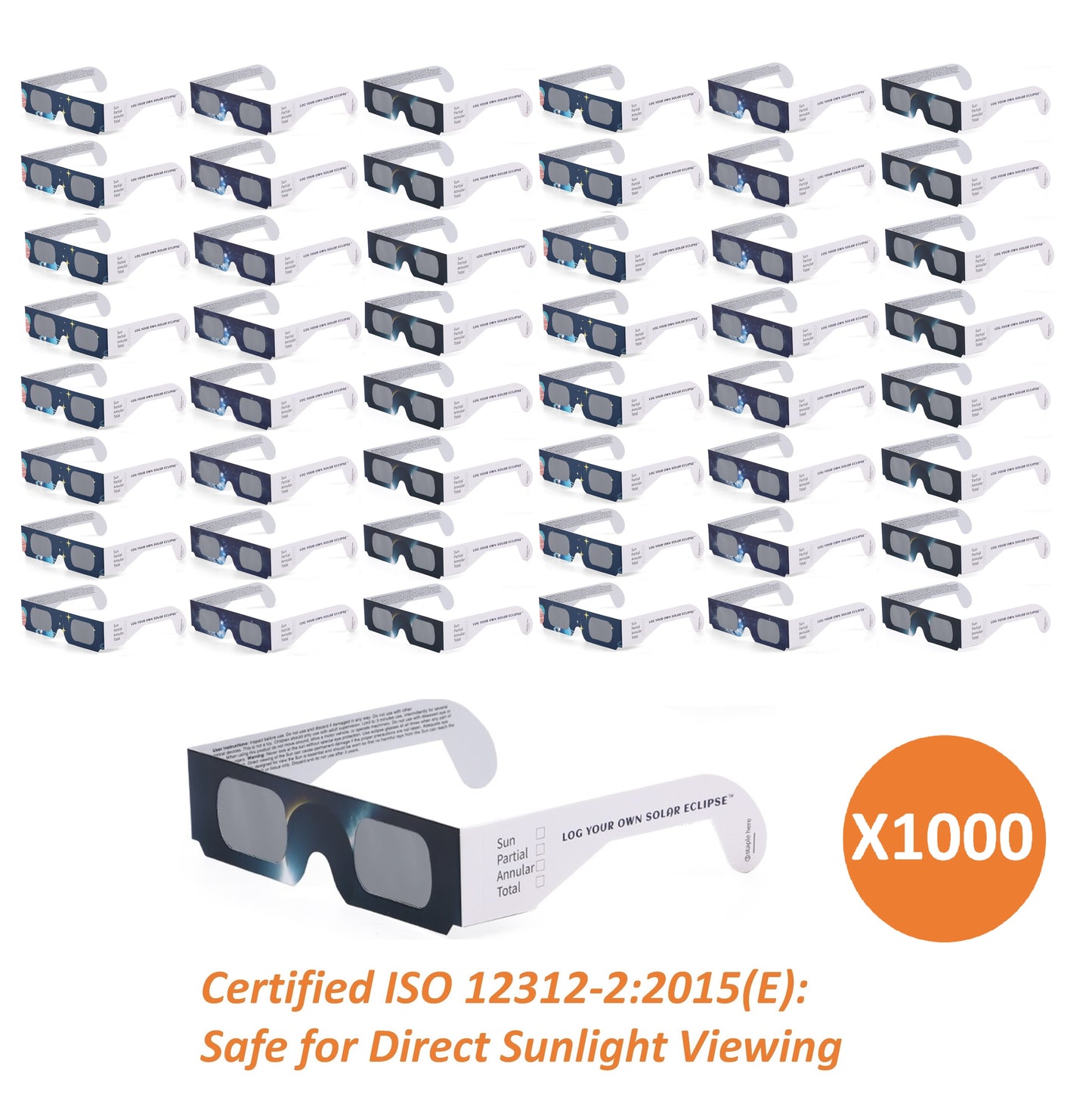 1000 Pack - Log Your Own Solar Eclipse Glasses - Patent Pending - ISO Certified - Mixed Patterns