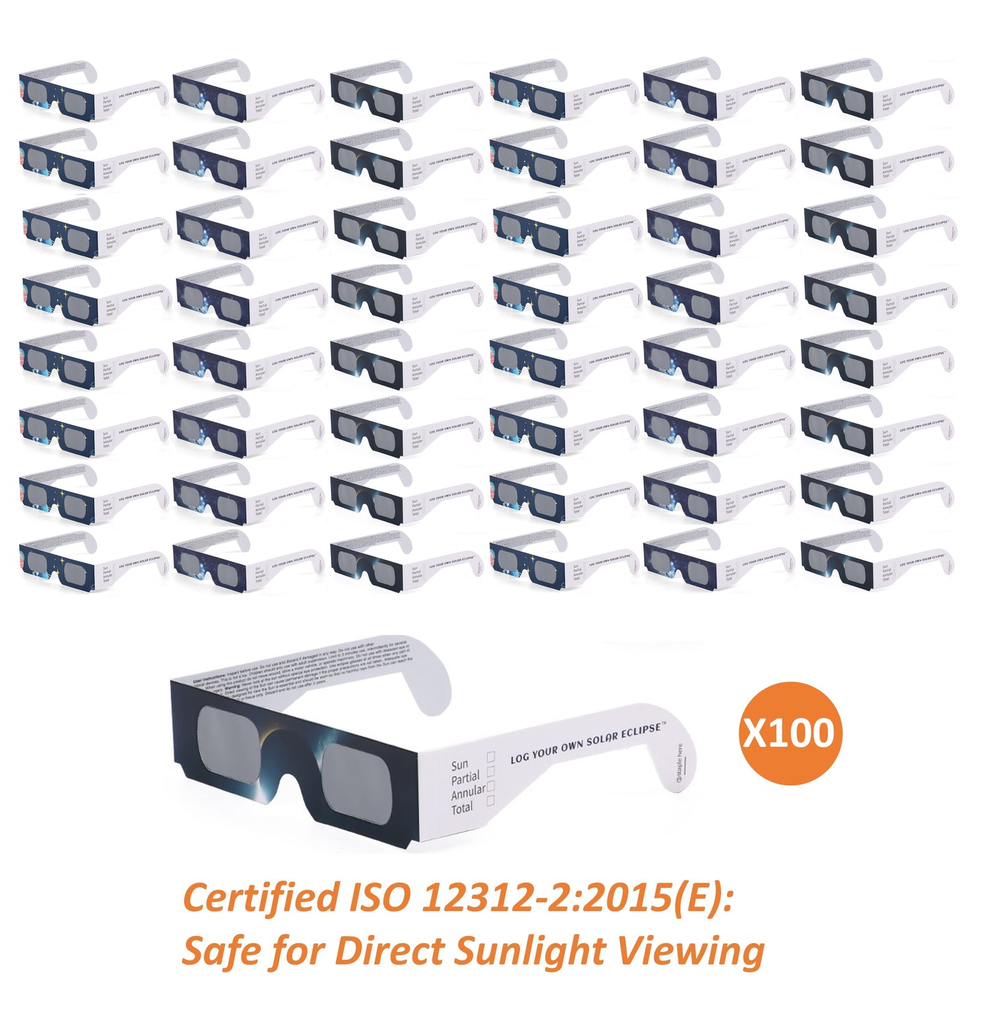 100 Pack - Log Your Own Solar Eclipse Glasses - Patent Pending - ISO Certified - Mixed Patterns