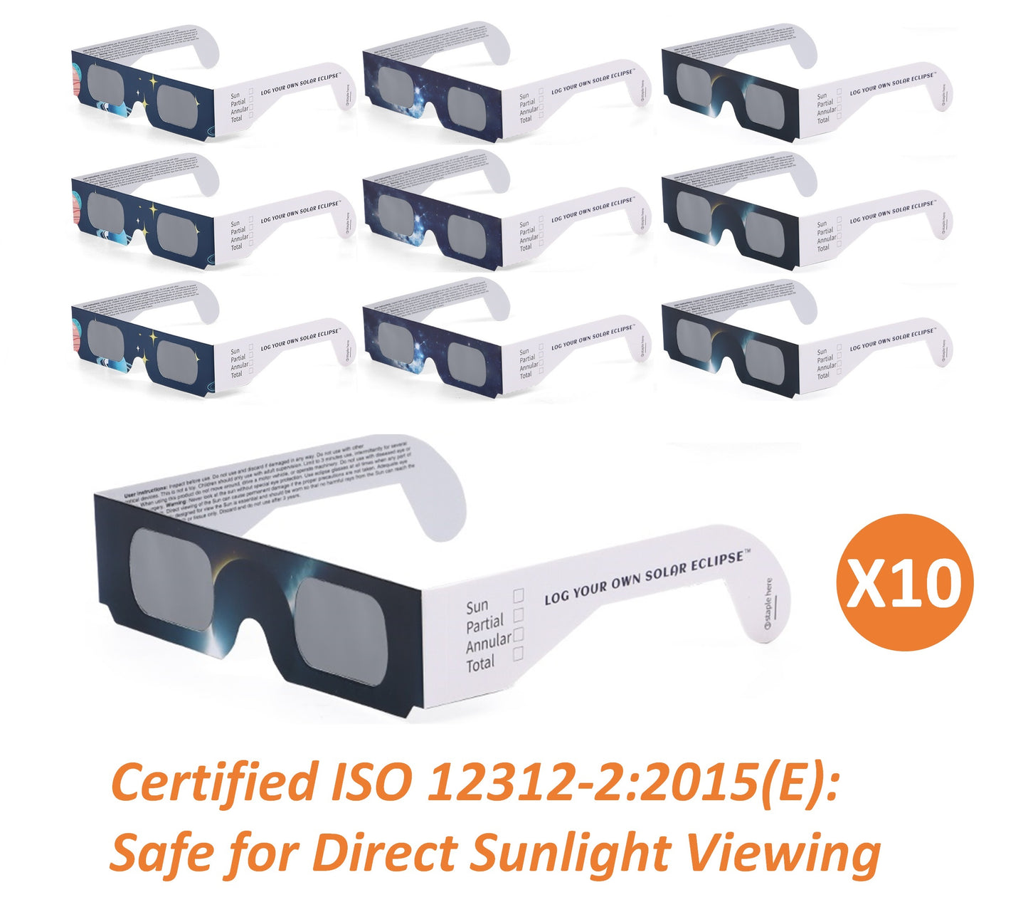 10 Pack - Log Your Own Solar Eclipse Glasses - Patent Pending - ISO Certified - Mixed Patterns