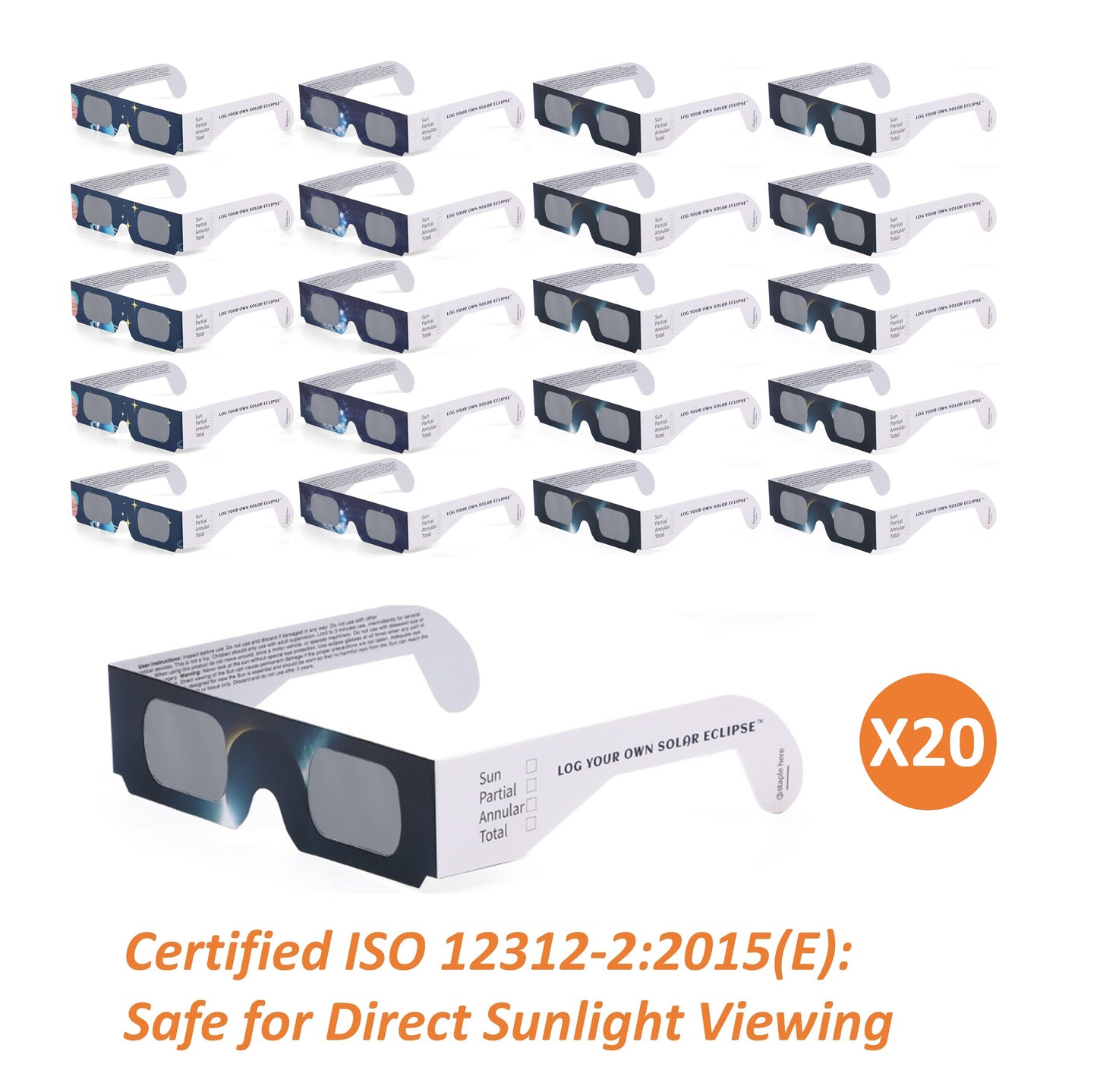20 Pack - Log Your Own Solar Eclipse Glasses - Patent Pending - ISO Certified - Mixed Patterns